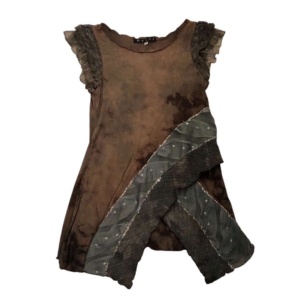 Fairycore Brown Top with Mesh & Lace Sleeves & Silver Lurex embroidery Size S